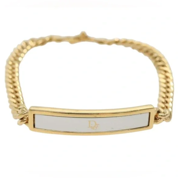 Dior Gold Curb Chain Bracelet W Logo Plaque White Accent - Picture 2 of 15